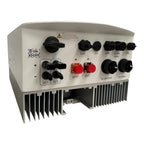 Hybrid solar inverter with battery terminals, DC inputs, AC connections, and heat sink fins for thermal management.