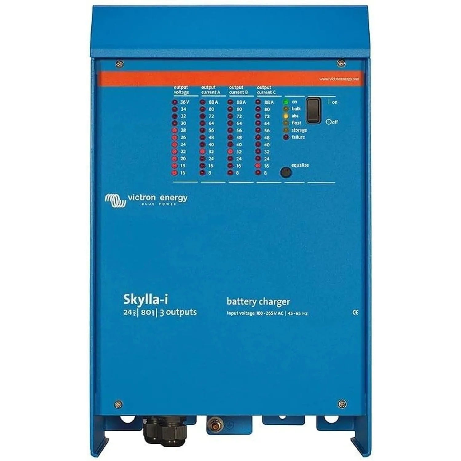 Victron Energy Skylla-i battery charger, blue front panel showing voltage and current output settings across three outputs.