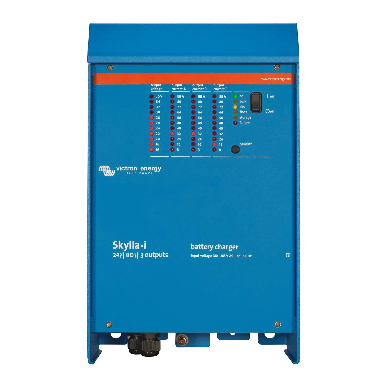Victron Skylla-i 24/80 battery charger front panel showing output voltage and current settings with status indicators and con