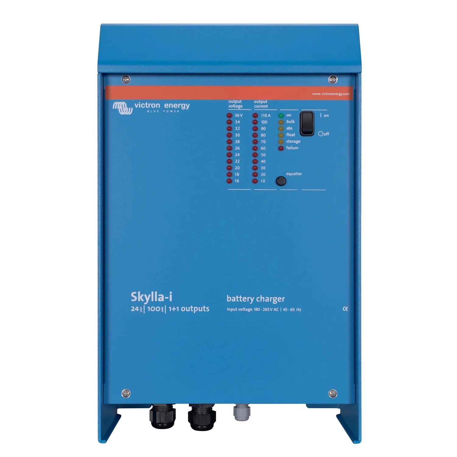 Victron Energy Skylla-i battery charger with blue casing, output voltage and current selection indicators, and control panel 