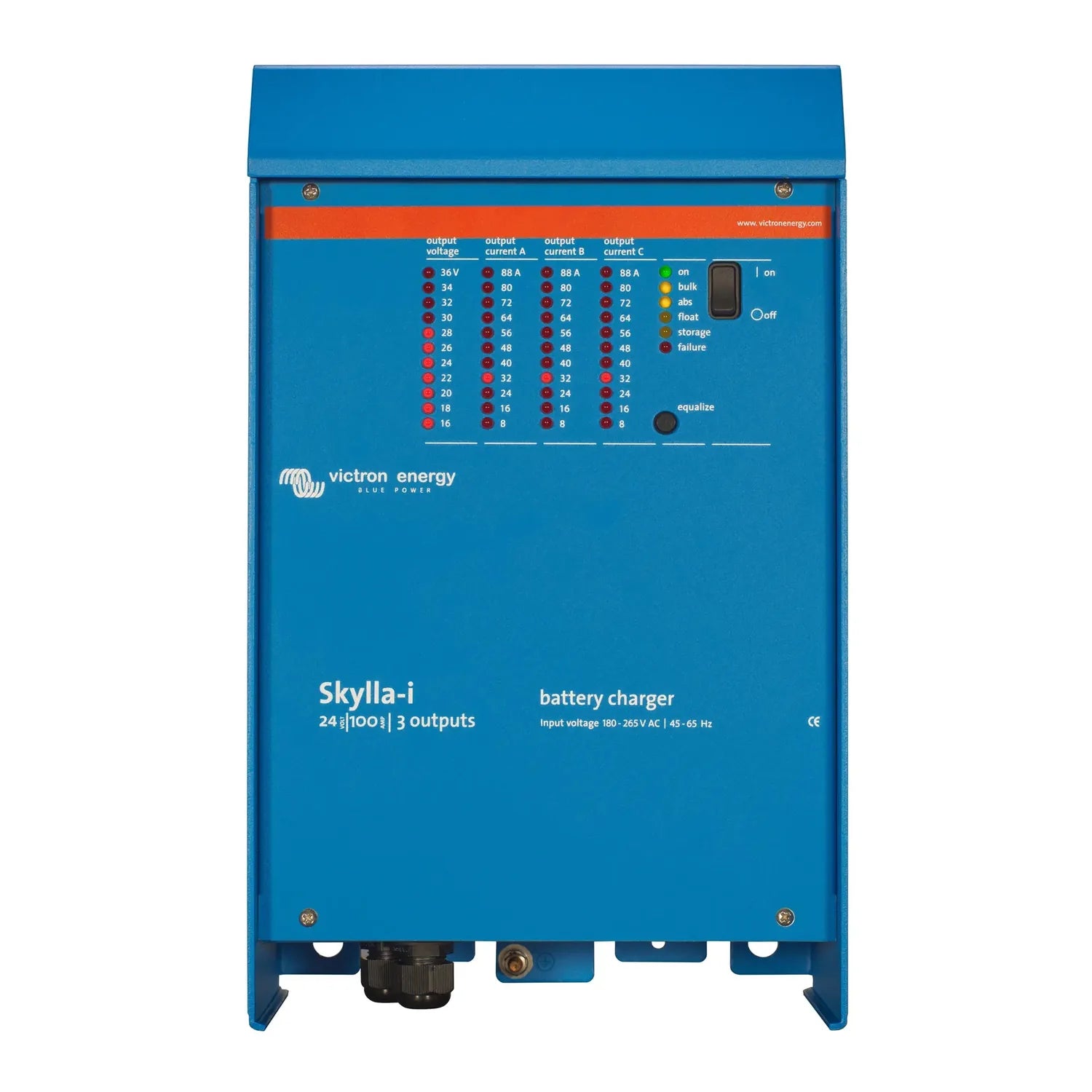 Victron Energy Skylla-i 24/100 three-output battery charger with blue casing and orange control panel displaying voltage and 