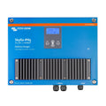 Victron Energy Skylla-IP65 battery charger, blue metal unit with control panel display and heat sink fins, front view product