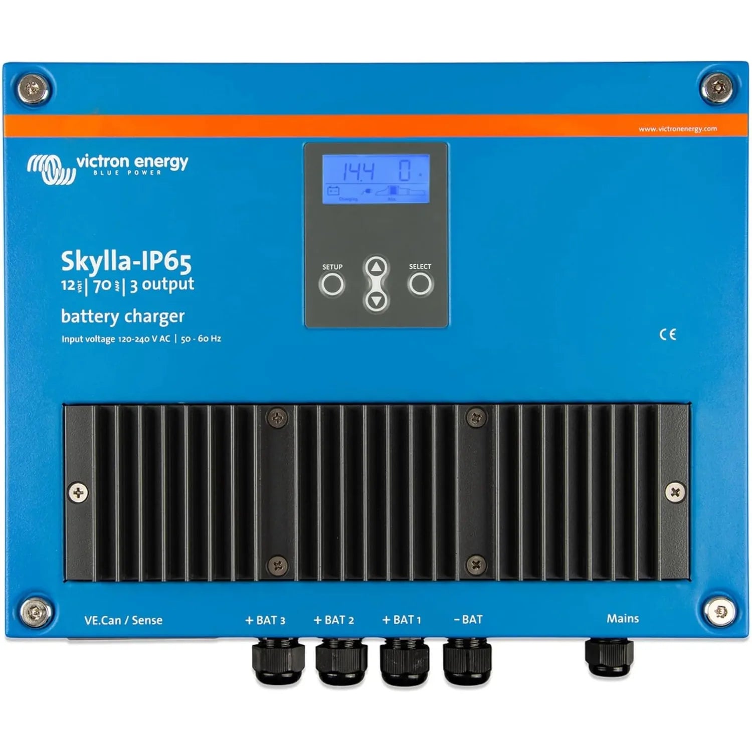 Victron Energy Skylla-IP65 battery charger with blue casing, digital display showing 144.0, control panel with buttons, and l