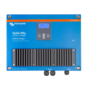 Victron Energy Skylla-IP65 battery charger with blue casing, digital display, control panel, and finned heat sink.