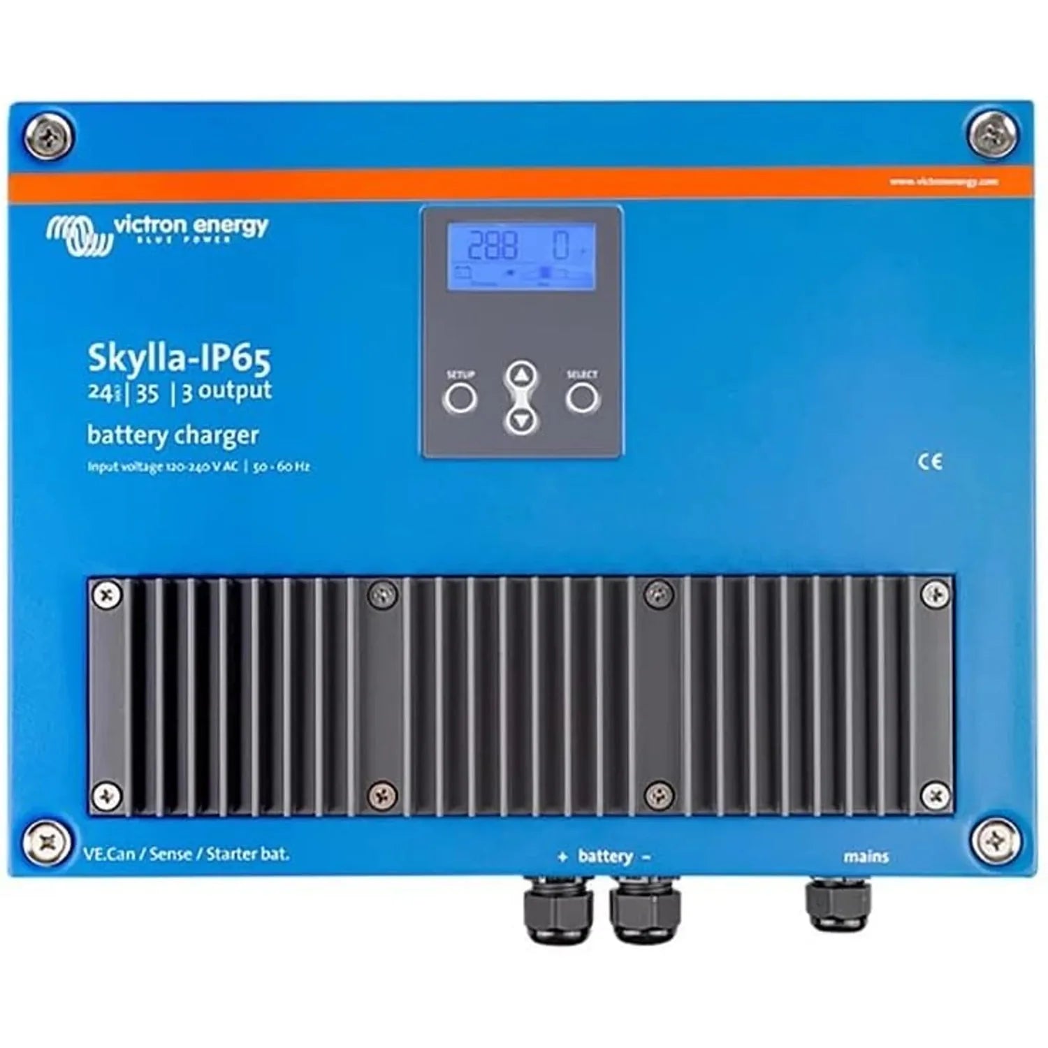 Victron Energy Skylla-IP65 battery charger with digital display showing 28.8V, mounted on blue faceplate with heat sink fins 