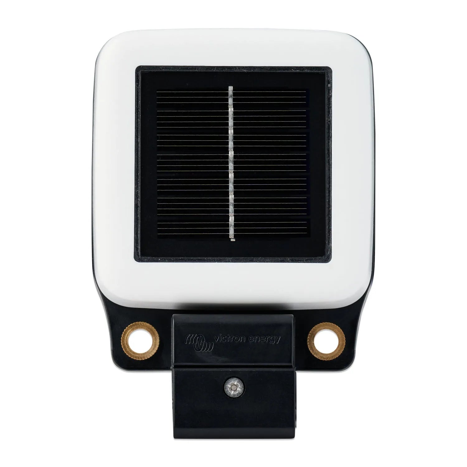 Victron SolarSense wireless solar monitor with white faceplate, black frame, brass mounting holes, and integrated solar panel