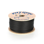 Spool of black solar PV cable wound on wooden drum with blue label showing specifications.