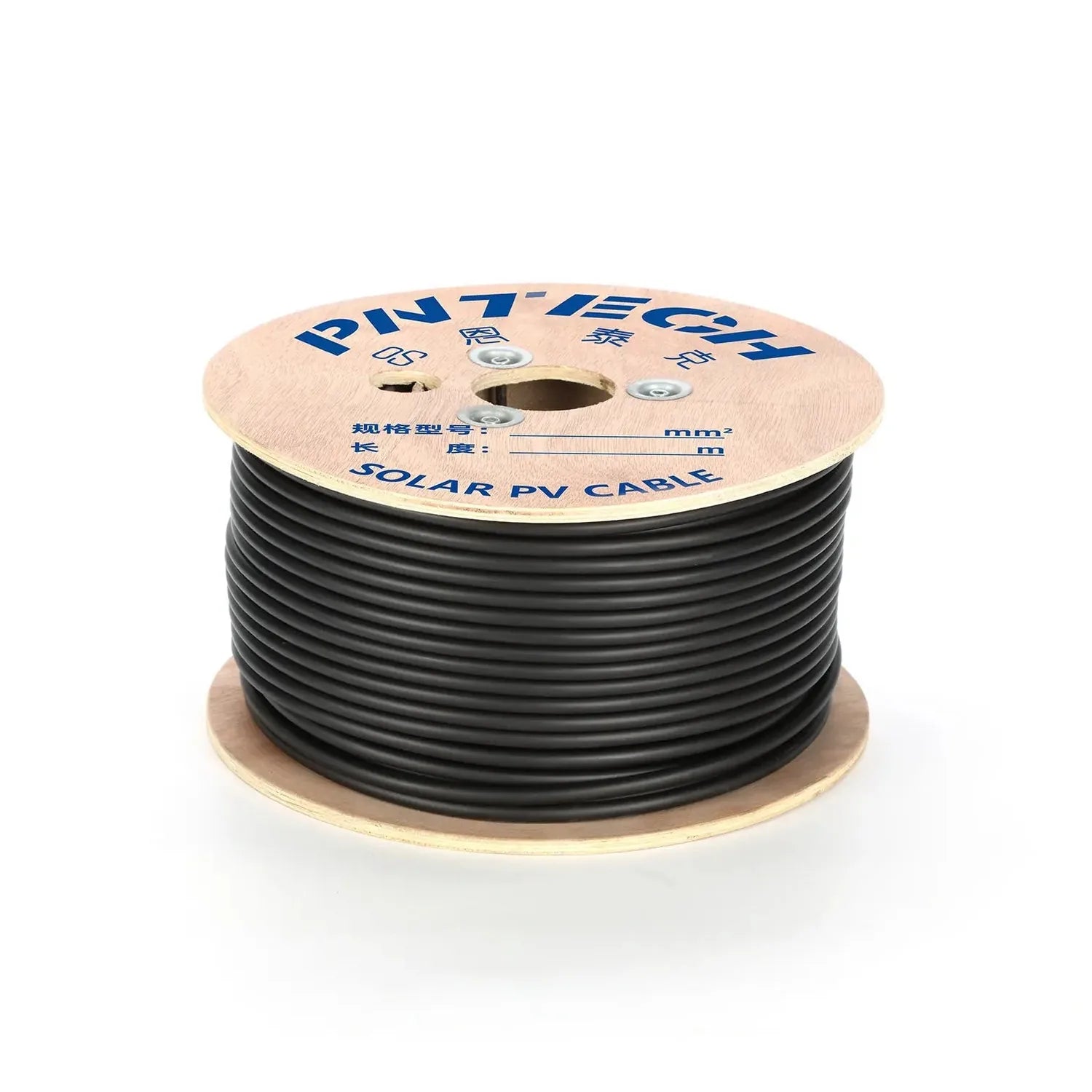 Spool of black solar PV cable wound on wooden drum with blue label showing specifications.
