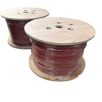 Two wooden cable drums with red and black insulated solar cable wound around them, front and rear view.