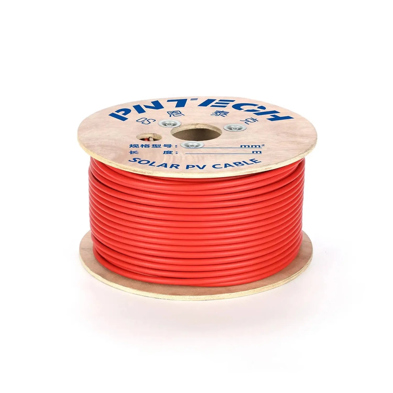 Red solar PV cable wound on wooden spool with printed label showing specifications and length markings.