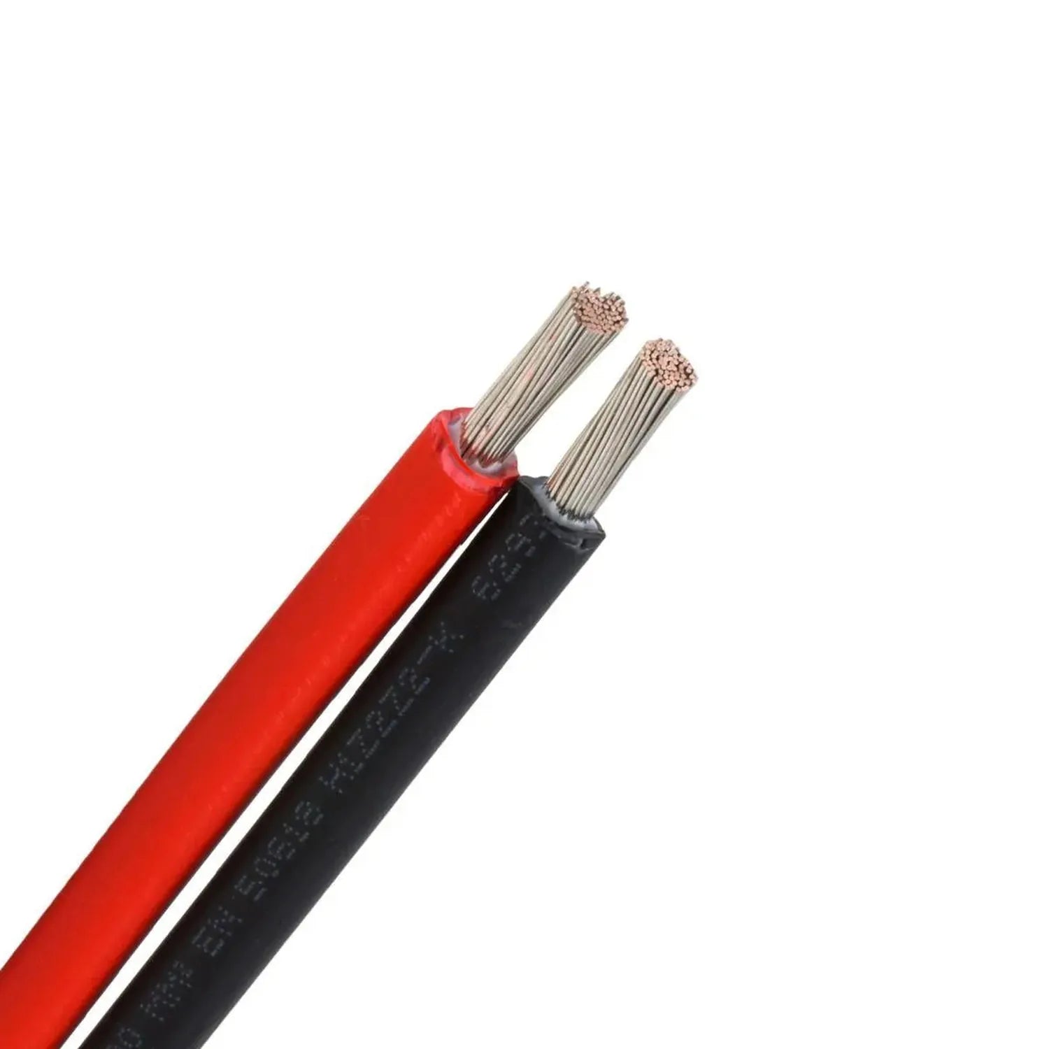 Two stranded copper electrical cables with red and black PVC insulation, showing bare wire strands at the cut ends.