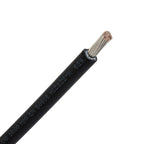 Black solar cable with copper stranding exposed at end, printed specifications visible on sheath, product shot on white backg