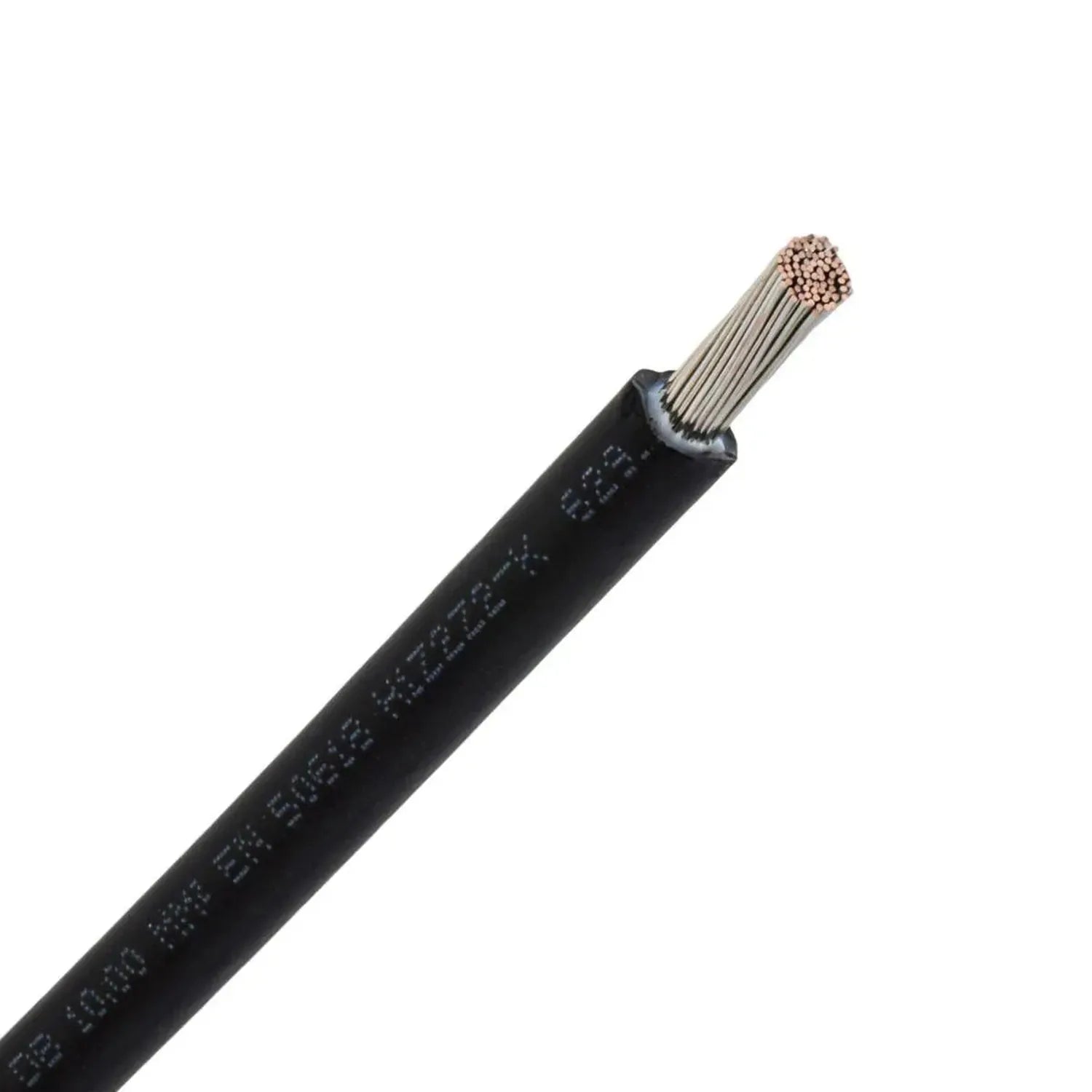Black solar cable with copper stranding exposed at end, printed specifications visible on sheath, product shot on white backg