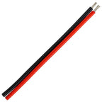 Paired red and black electrical cables with tinned copper wire terminals, shown against white background.