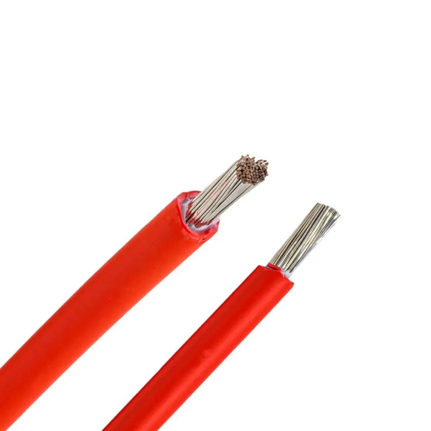 Two red electrical cables with exposed stranded copper conductors, displayed against white background.