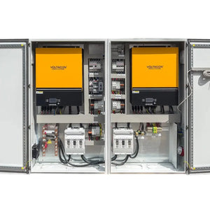 Two open Voltagon energy systems cabinets showing yellow inverters, circuit breakers, wiring, and control components installe