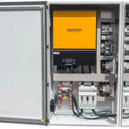 Voltagon Energy Systems 16kW off-grid solar control cabinet mounted in industrial enclosure with yellow front panel, control 