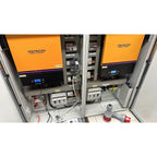 Voltacon Energy Systems off-grid solar control cabinet installation shot showing dual orange-paneled units with internal circ