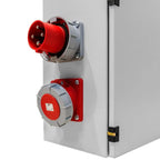 Red and gray industrial electrical cabinet mounted on white wall with socket outlet and connector ports for solar power syste
