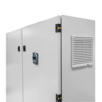White industrial cabinet with dual doors, digital temperature display, ventilation louvers, and brass hinges, front product v