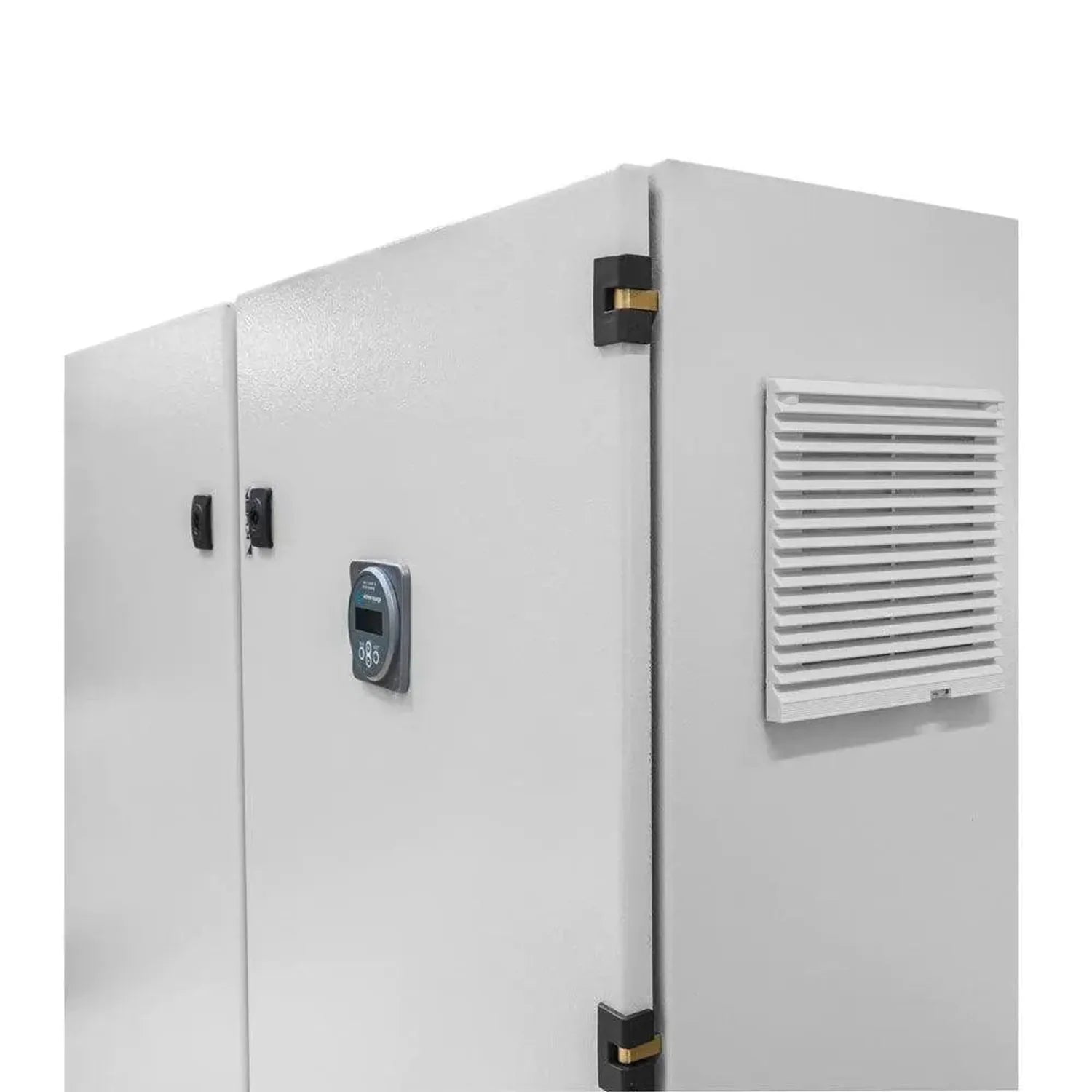 White industrial cabinet with dual doors, digital temperature display, ventilation louvers, and brass hinges, front product v