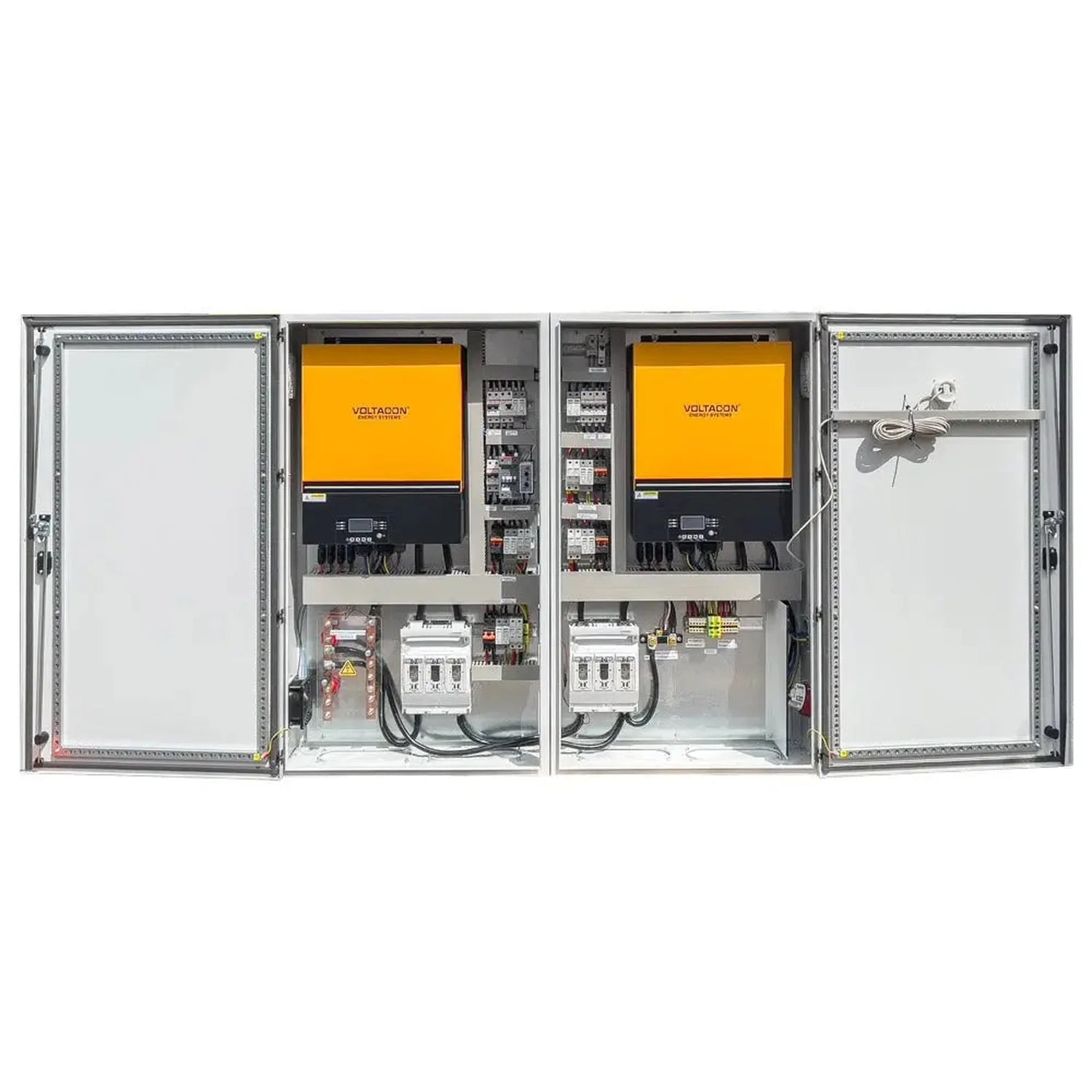 Voltacom 16kW off-grid solar control cabinet with dual yellow inverters, circuit breakers, and open doors revealing internal 
