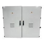 White electrical enclosure with dual doors, two black handles, ventilation grilles, warning triangles, and black corner latch