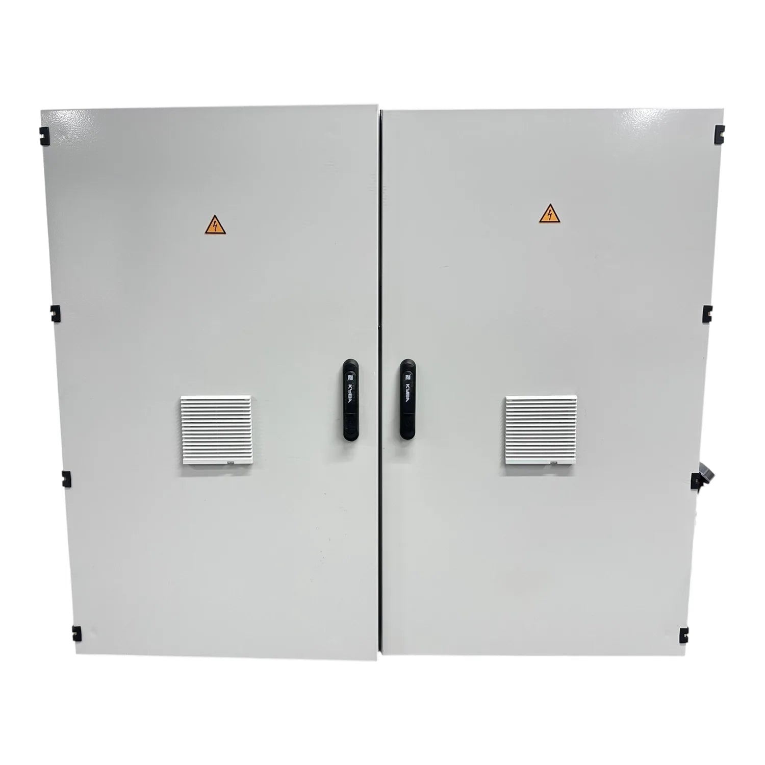 White electrical enclosure with dual doors, two black handles, ventilation grilles, warning triangles, and black corner latch