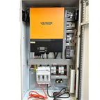 Voltacon Energy Systems solar inverter installed in cabinet with yellow upper panel, black control interface, circuit breaker