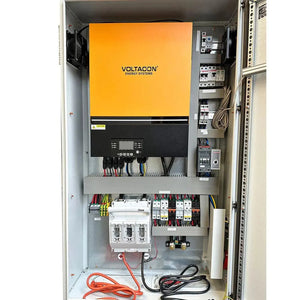 Voltacon Energy Systems solar inverter installed in cabinet with yellow upper panel, black control interface, circuit breaker