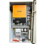 Voltacon energy systems inverter cabinet mounted in wall enclosure showing yellow inverter unit, circuit breakers, wiring, an