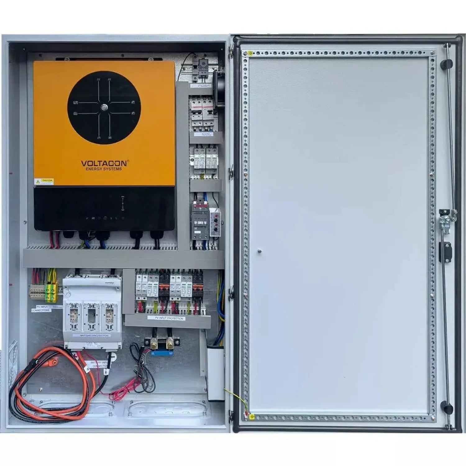 Voltagon 11kW off-grid inverter cabinet with orange and black facade, open door revealing internal electrical components, wir