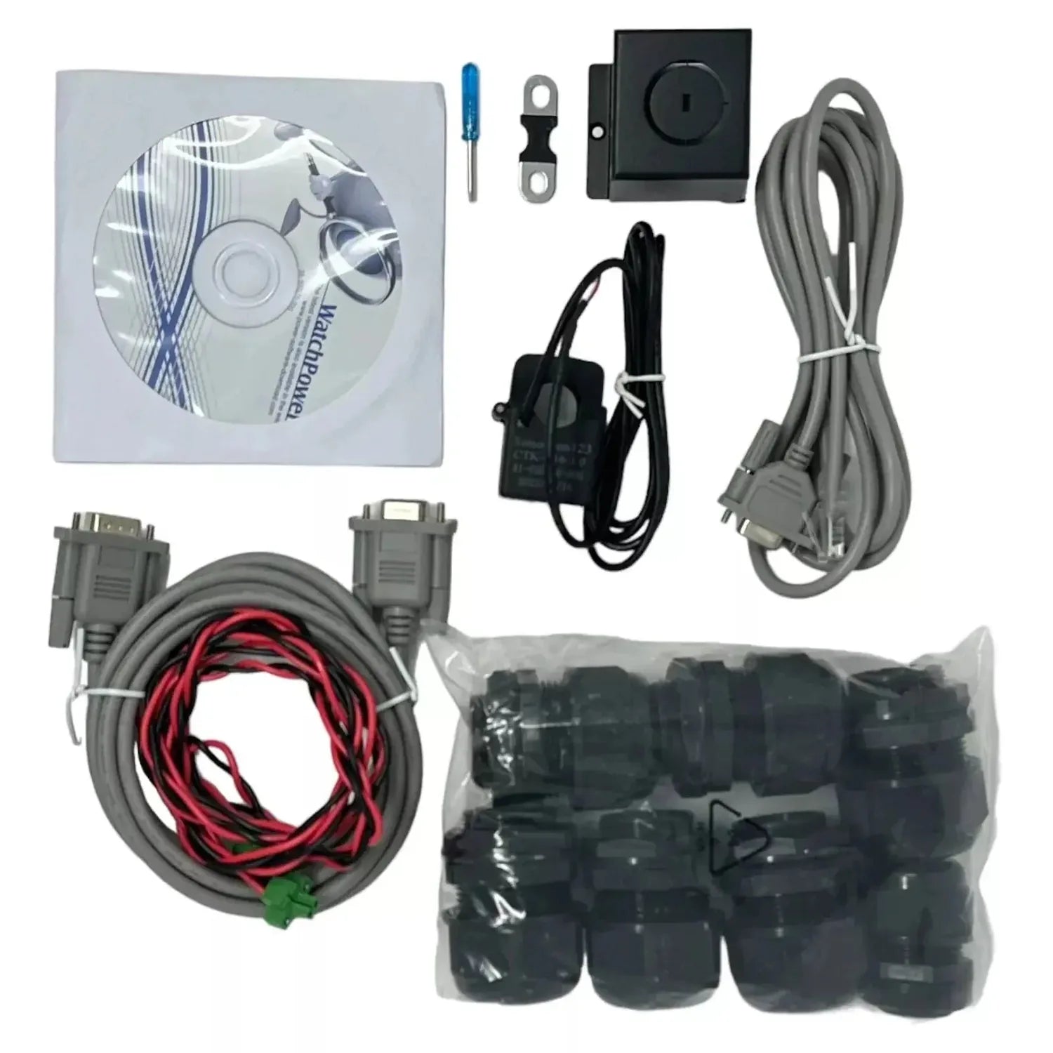 Inverter kit contents laid out including installation manual, screwdriver, mounting bracket, power cable, gray electrical cor