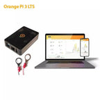 Orange Pi 3 LTS monitoring system with black hardware box, red DC connectors, and solar dashboard displayed on laptop and sma