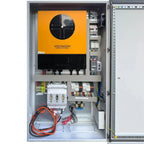 Voltacon 11kW off-grid inverter cabinet with orange and black front panel, internal wiring, circuit breakers, and battery cab