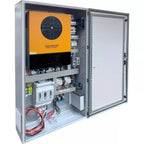 Voltacon 11kW off-grid inverter cabinet mounted in gray metal enclosure with orange and black inverter unit, electrical compo