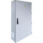 Gray metal electrical cabinet with black handle, hinged door, ventilation panel, and yellow hazard warning symbol.
