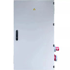 Off-grid inverter cabinet with gray metal enclosure, warning label, black handle, and two red power connectors mounted on rig