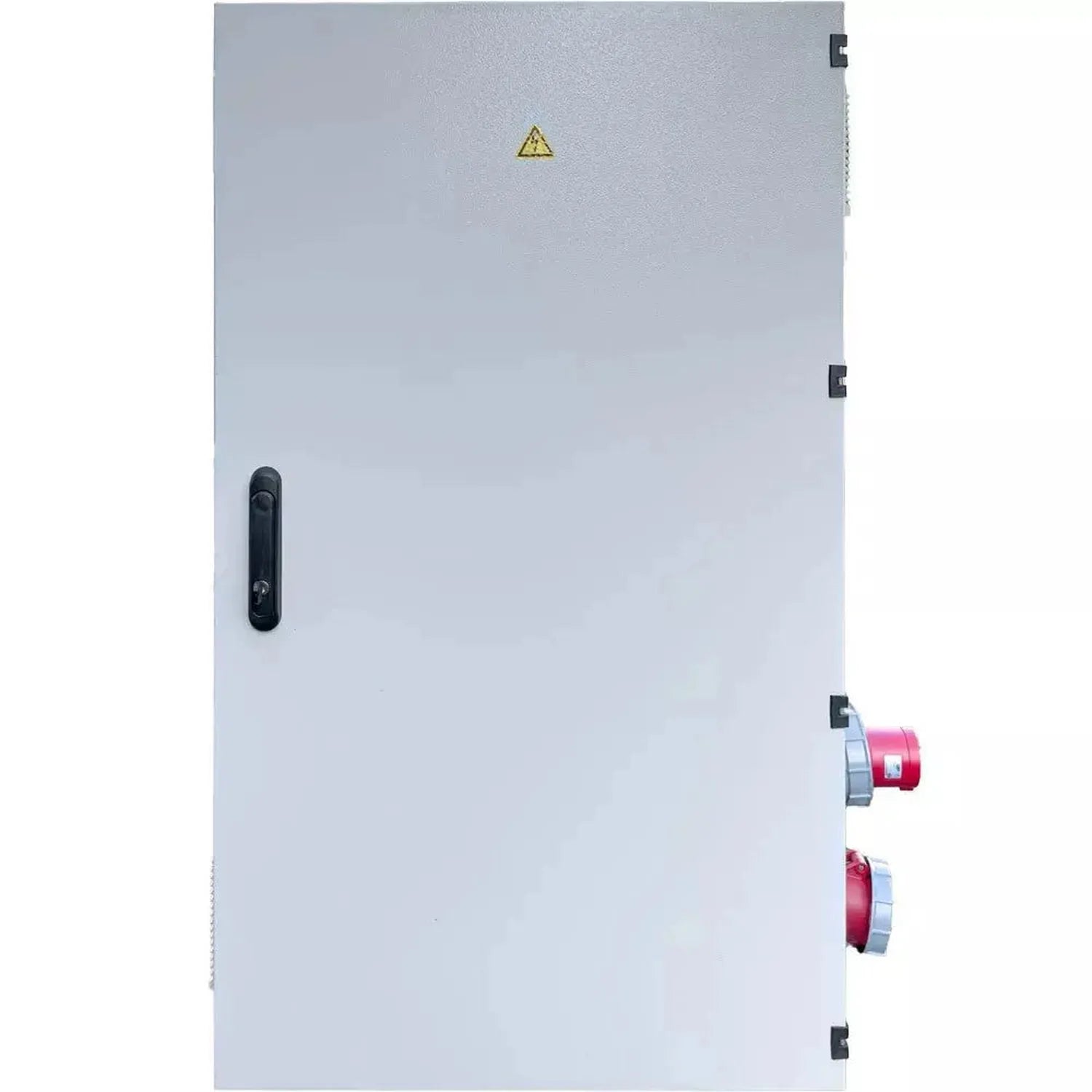Off-grid inverter cabinet with gray metal enclosure, warning label, black handle, and two red power connectors mounted on rig