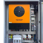 Voltacon 11kW off-grid inverter cabinet with orange faceplate, circular display, and internal electrical components including