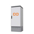 White metal battery enclosure with orange link symbol logo, gray trim, hinged door with handle, and ventilation panel at base