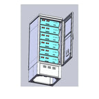 Technical drawing of stacked battery enclosure showing six horizontal modules with turquoise faces and red connectors, mounte