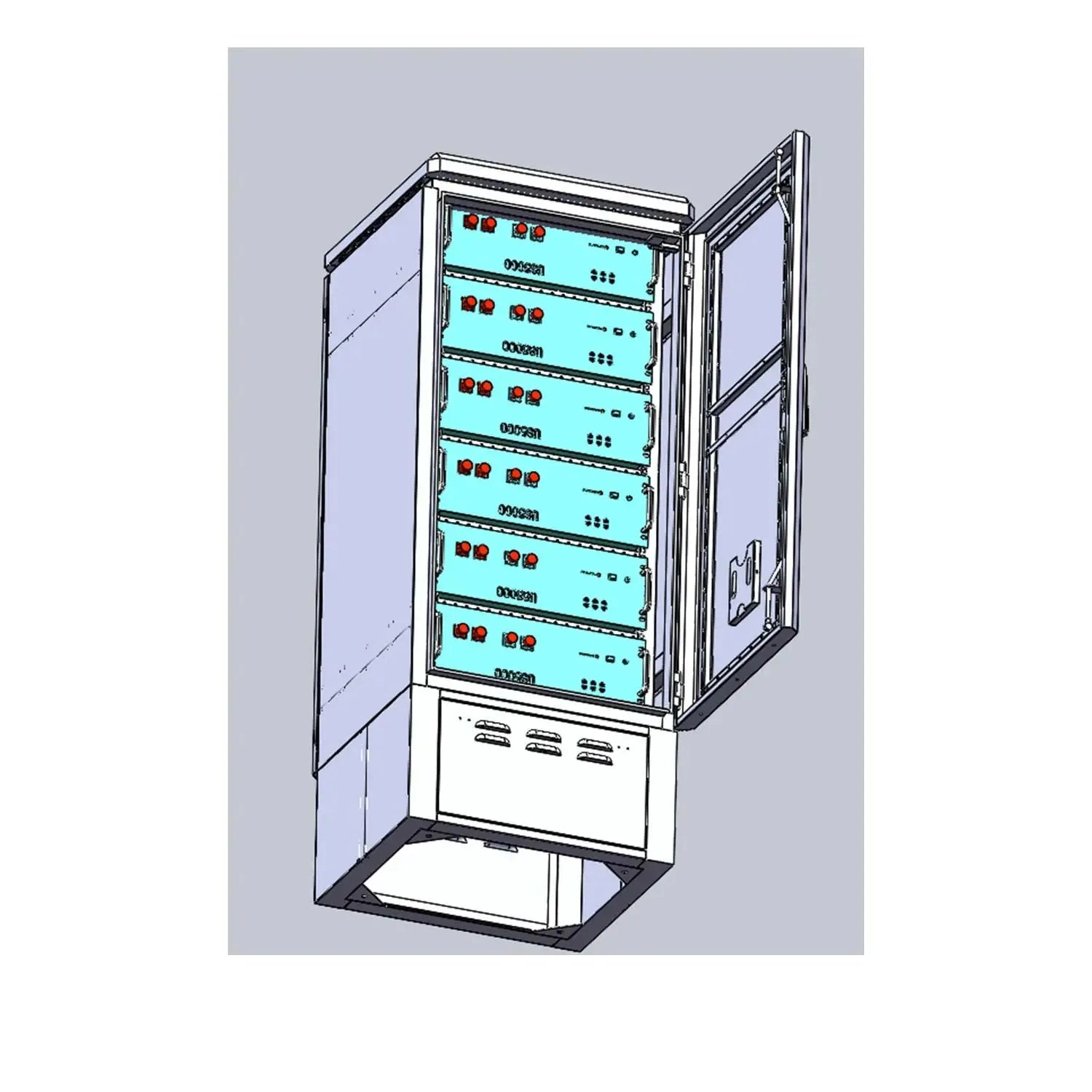 Technical drawing of stacked battery enclosure showing six horizontal modules with turquoise faces and red connectors, mounte