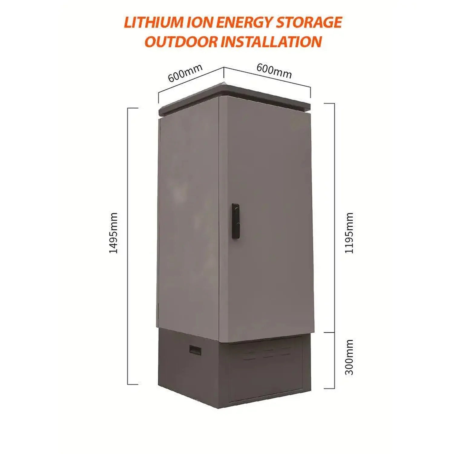 Dimension diagram of gray lithium ion energy storage outdoor installation enclosure with labeled measurements of 600mm width,