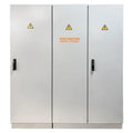 Voltacon Energy Systems floor-mounted power cabinet with three white doors, black handles, and electrical hazard warning symb
