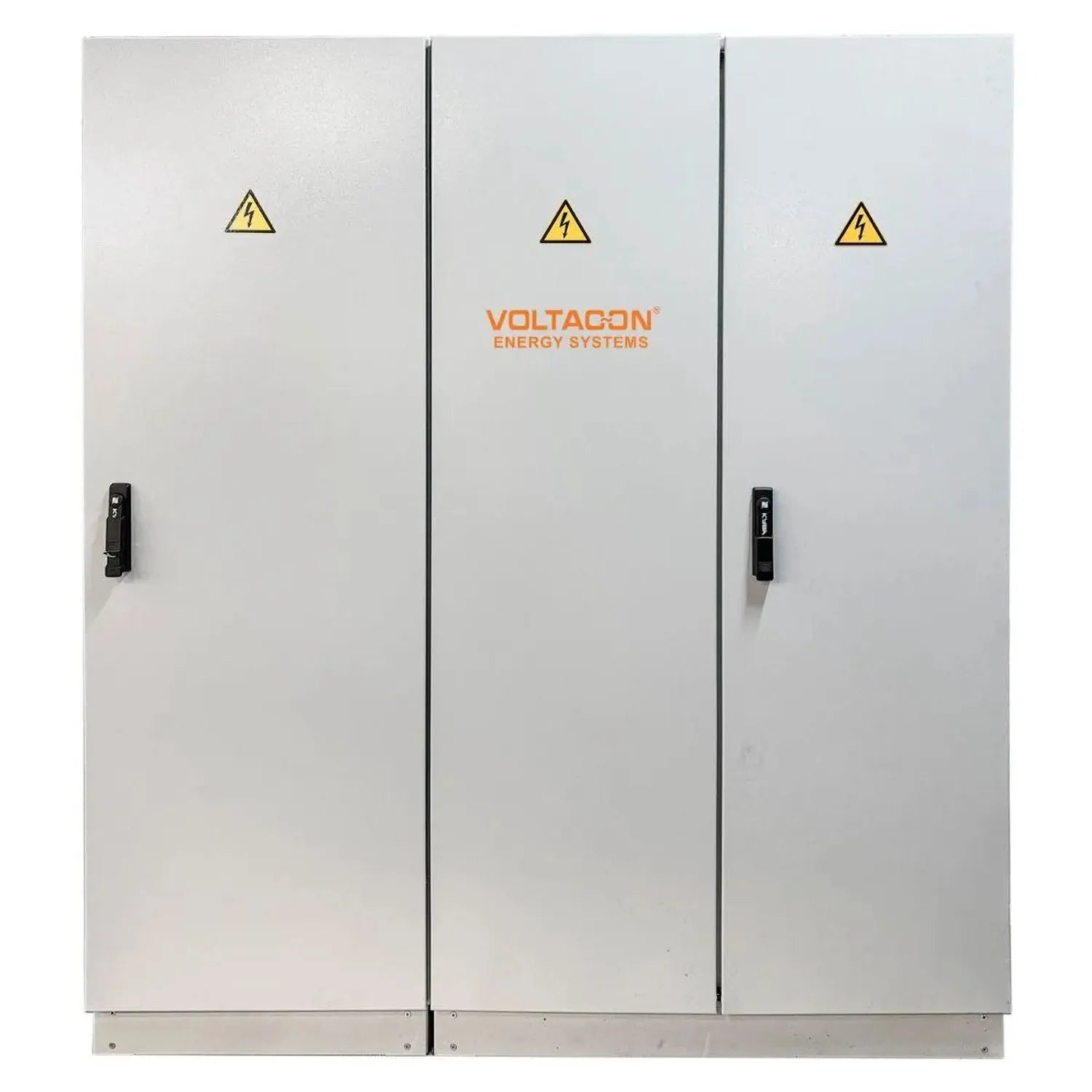 Voltacon Energy Systems floor-mounted power cabinet with three white doors, black handles, and electrical hazard warning symb