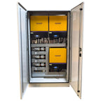 Voltacon 33kW floor-mounted power cabinet with open doors revealing three yellow inverters, control modules, and internal wir