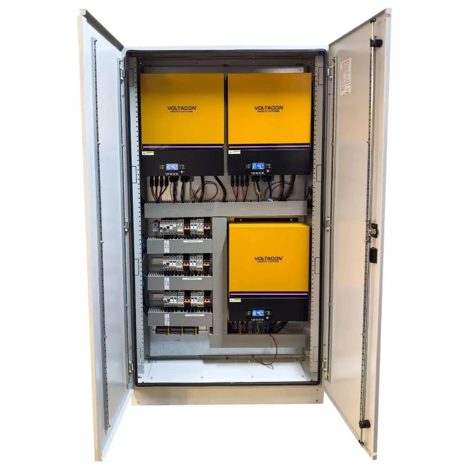 Voltacon 33kW floor-mounted power cabinet with open doors revealing three yellow inverters, control modules, and internal wir
