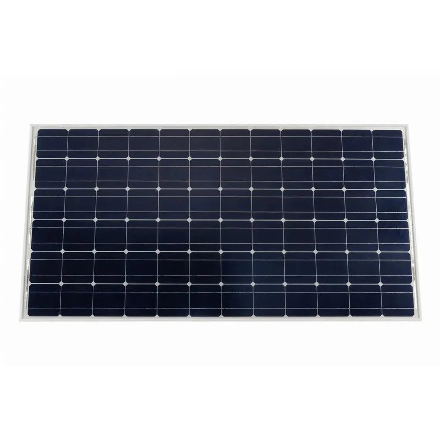 Victron 190W monocrystalline solar panel with dark blue cells arranged in a grid pattern within a silver aluminum frame, show