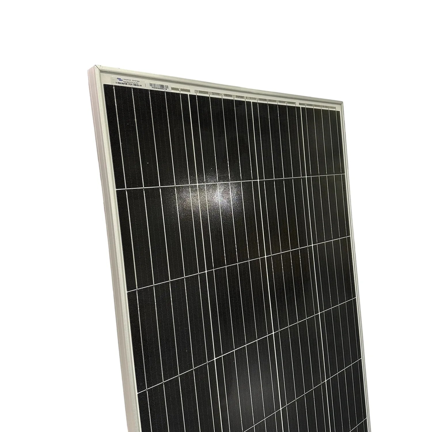 Victron 190W monocrystalline solar panel with black cells in white frame, angled against white background.